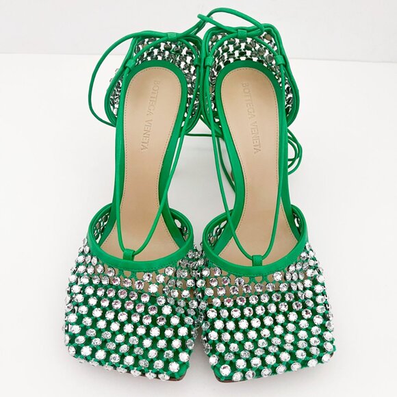 Bottega Veneta Sparkle Stretch Lace-Up Sandal Mesh Crystals Parakeet Green - Picture 11 of 16